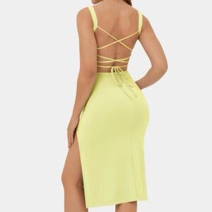 Light Yellow Pear Halara Backless Criss Cross Lace up Split Body Con Dress XL